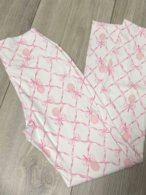 LoveShackFancy White Leggings with Pink Bow & Tennis Raquet Print